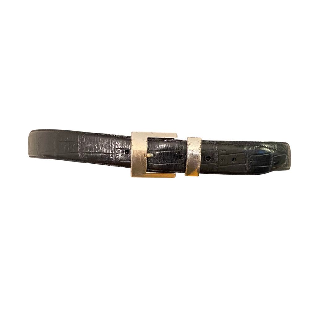 Fossil Genuine Leather Croc Embossed Black Belt L 1.25” Silver Buckle Classic